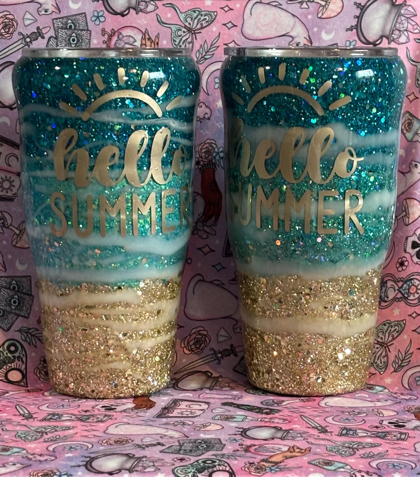 Handmade Beach Glitter Tumbler, Unique Summer Cup, Hello Summer Mug, Beachy Drinkware, Glitter Tumbler