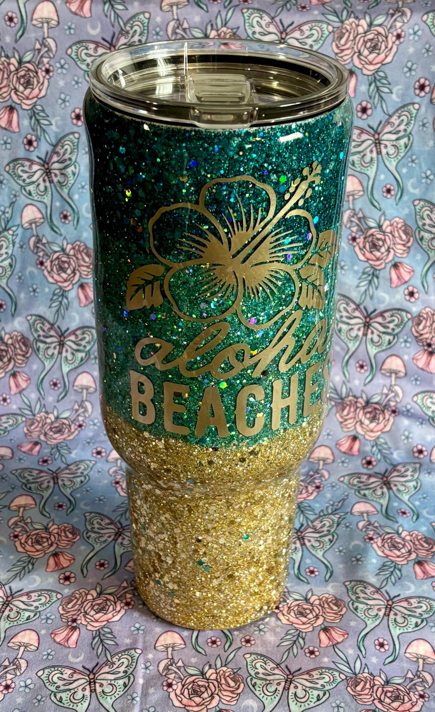 Aloha Beaches 40 oz Tumbler, Handmade Beach Glitter Tumbler, Unique Summer Cup, Hello Summer Mug, Beachy Drinkware, Glitter Tumbler