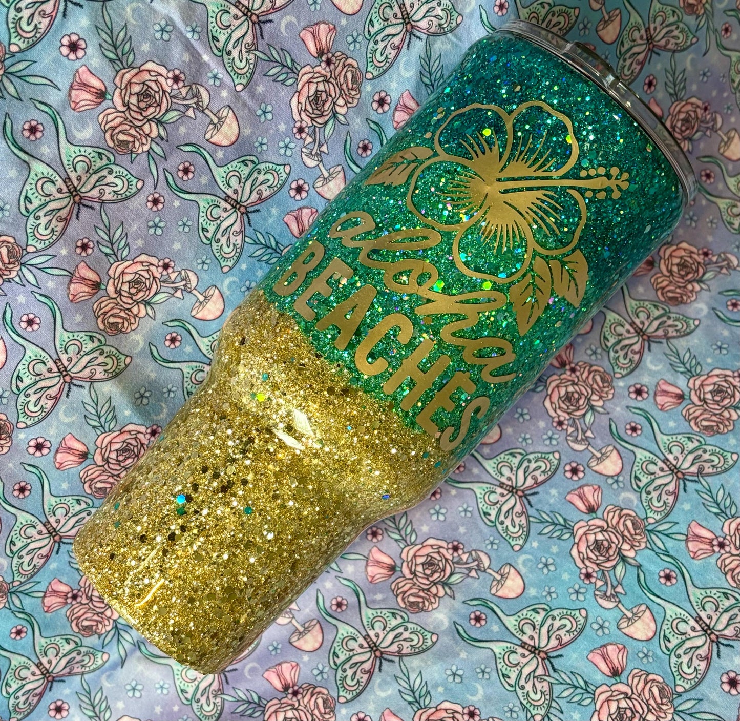 Aloha Beaches 40 oz Tumbler, Handmade Beach Glitter Tumbler, Unique Summer Cup, Hello Summer Mug, Beachy Drinkware, Glitter Tumbler