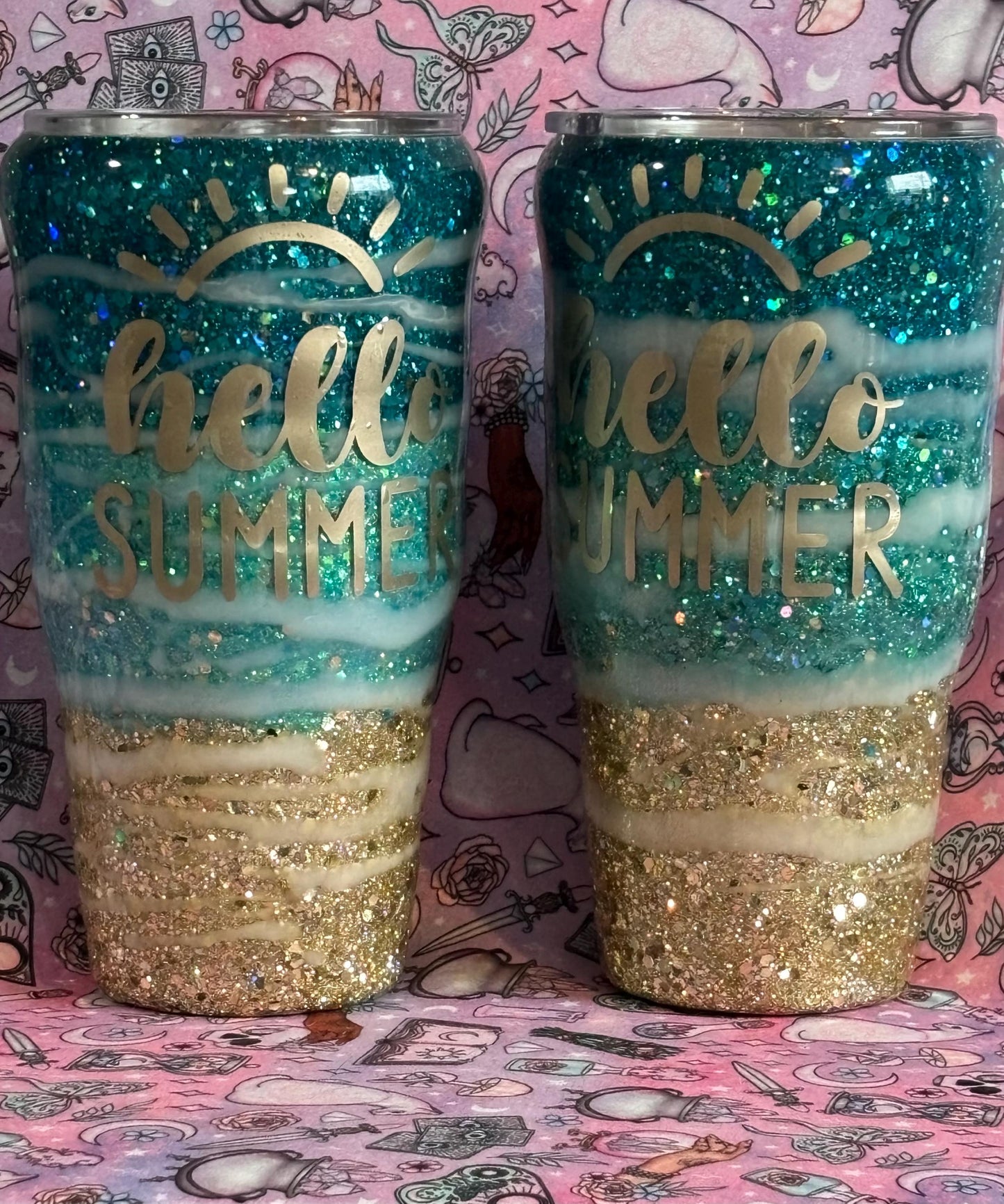 Handmade Beach Glitter Tumbler, Unique Summer Cup, Hello Summer Mug, Beachy Drinkware, Glitter Tumbler