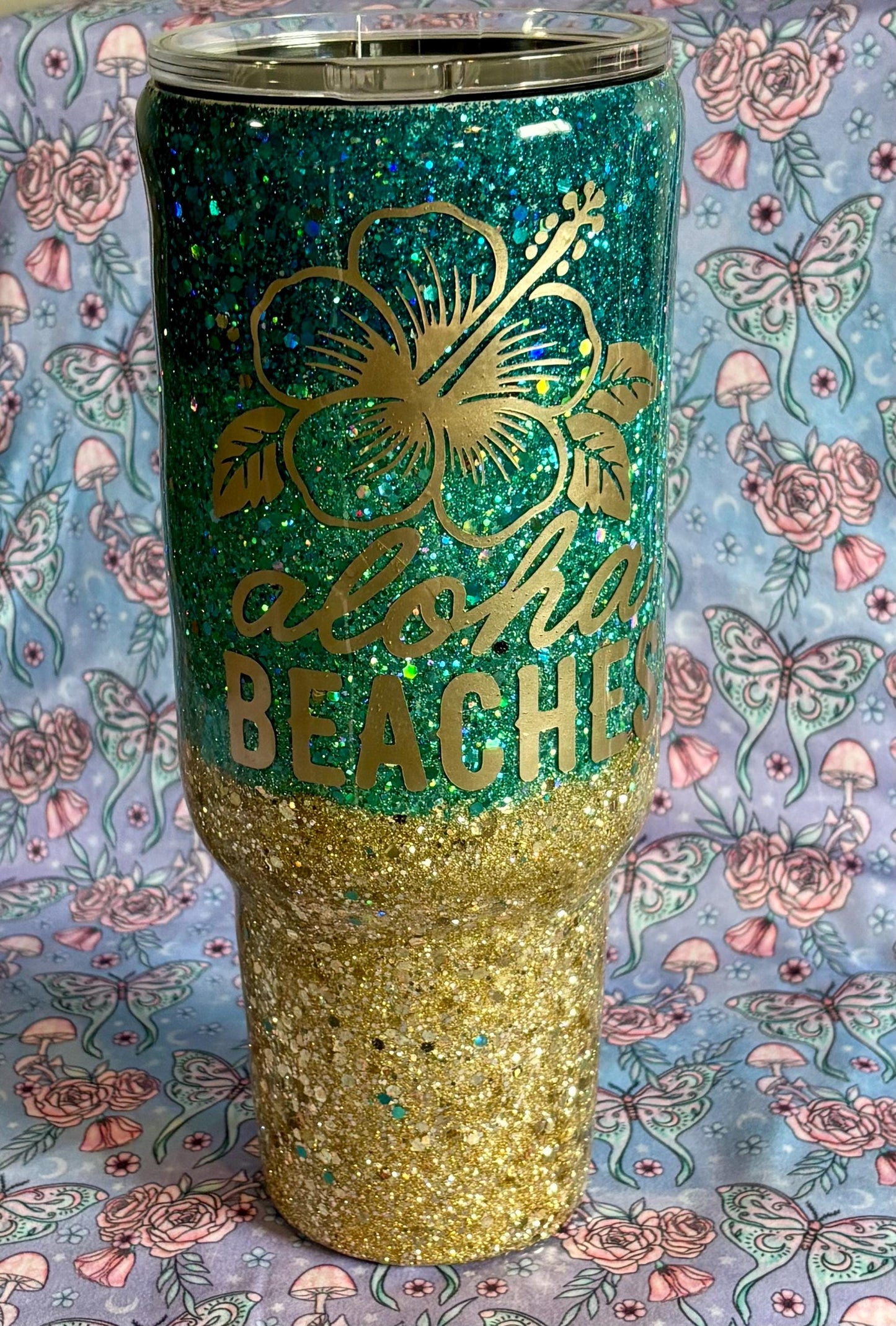 Aloha Beaches 40 oz Tumbler, Handmade Beach Glitter Tumbler, Unique Summer Cup, Hello Summer Mug, Beachy Drinkware, Glitter Tumbler