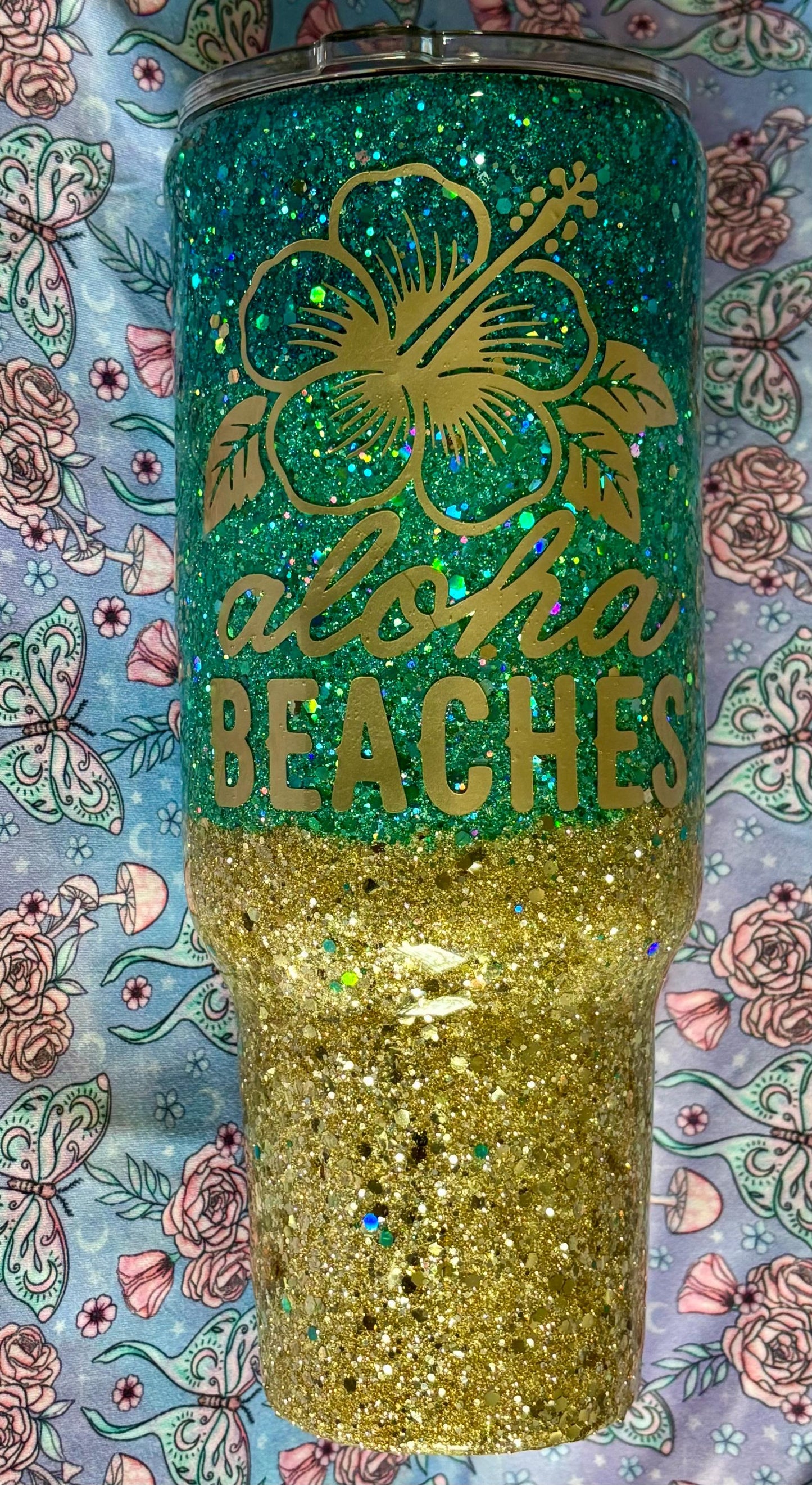 Aloha Beaches 40 oz Tumbler, Handmade Beach Glitter Tumbler, Unique Summer Cup, Hello Summer Mug, Beachy Drinkware, Glitter Tumbler
