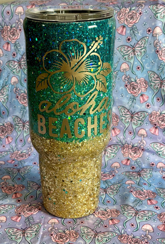 Aloha Beaches 40 oz Tumbler, Handmade Beach Glitter Tumbler, Unique Summer Cup, Hello Summer Mug, Beachy Drinkware, Glitter Tumbler