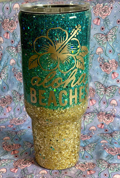 Aloha Beaches 40 oz Tumbler, Handmade Beach Glitter Tumbler, Unique Summer Cup, Hello Summer Mug, Beachy Drinkware, Glitter Tumbler