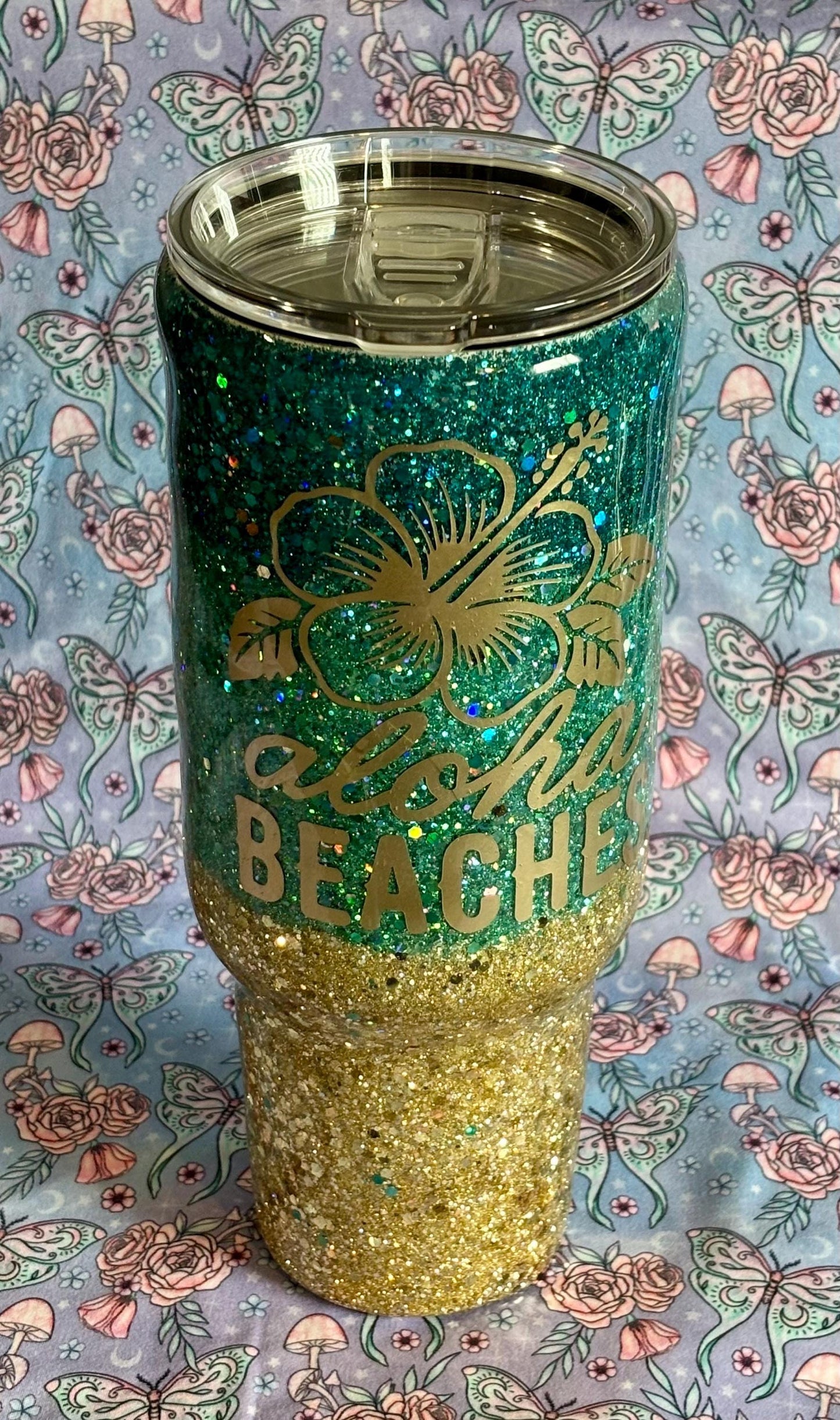 Aloha Beaches 40 oz Tumbler, Handmade Beach Glitter Tumbler, Unique Summer Cup, Hello Summer Mug, Beachy Drinkware, Glitter Tumbler