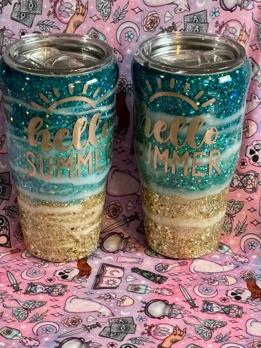 Handmade Beach Glitter Tumbler, Unique Summer Cup, Hello Summer Mug, Beachy Drinkware, Glitter Tumbler